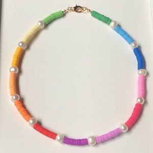 Pearl & Rainbow Heishi Disc Beaded Necklace 18”